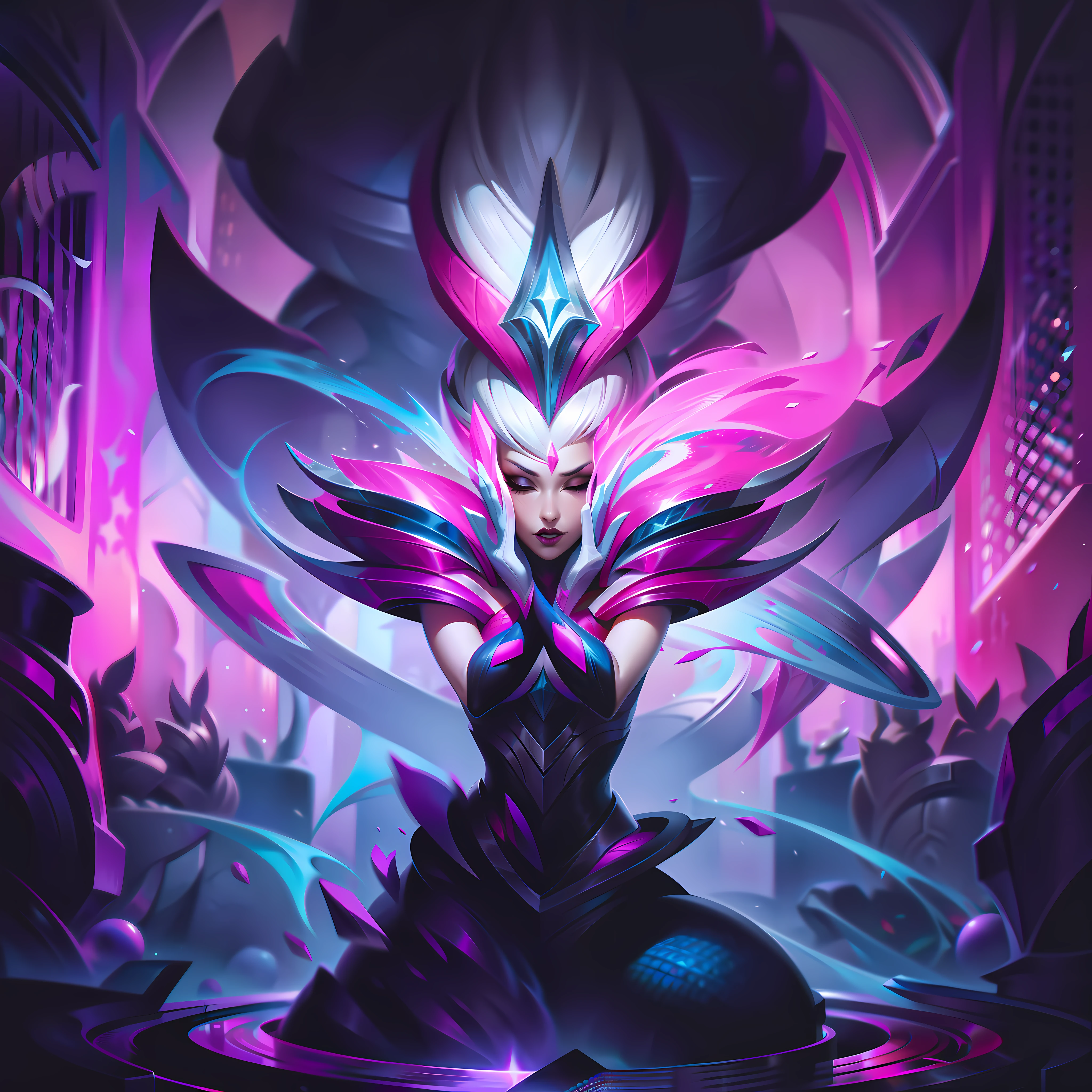 Frau + Platin + Rosa + Kristall + garden splashKunst, splashKunst, league of legends splashKunst, Kunst, Pinselstrich, Meisterwerk, 8k, Extrem detailliert, HD