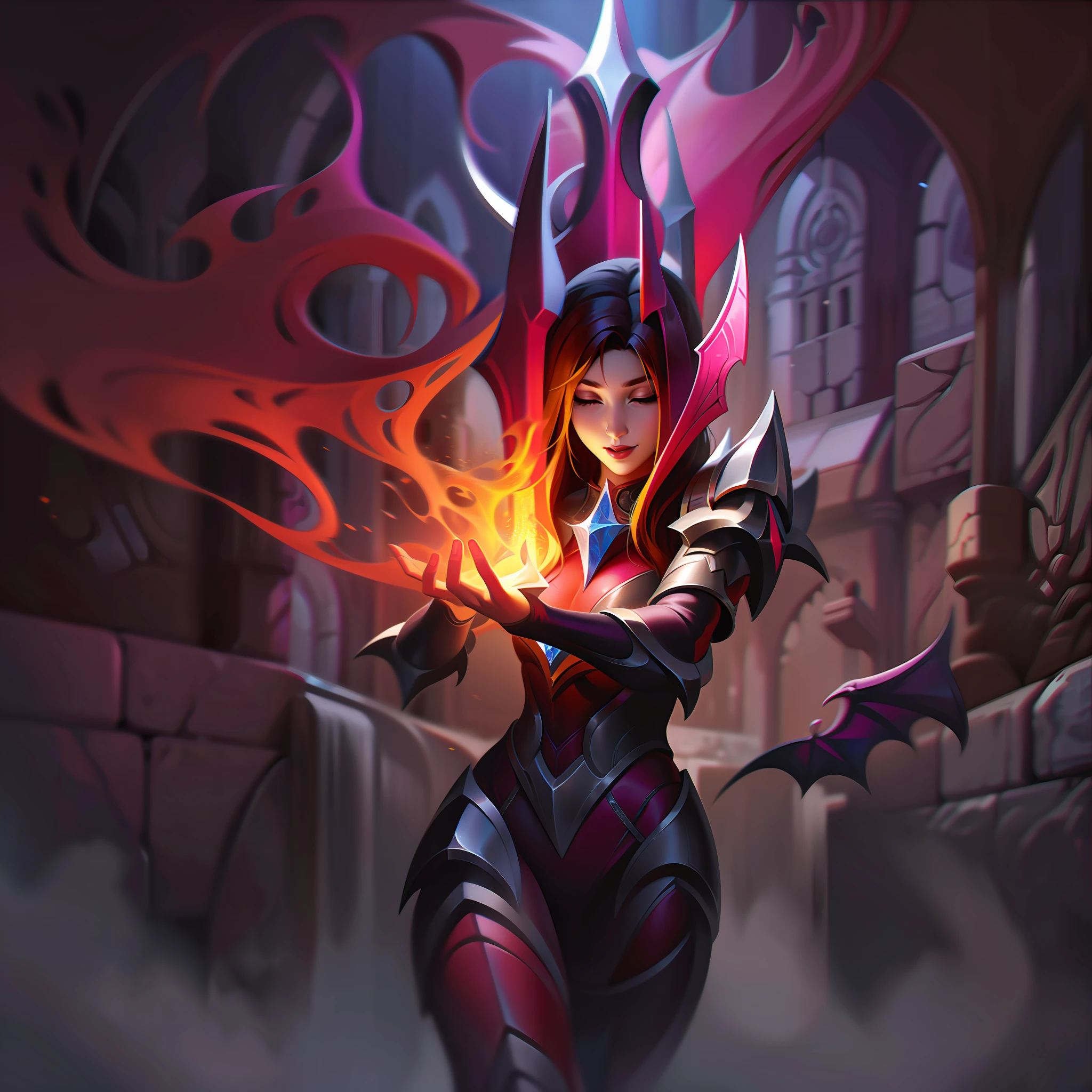 mujer + justo + paladín + demonio + evil salpicare, salpicare, league of legends salpicare, arte, pincelada, obra maestra, 8K, ultra detallado, alta definición