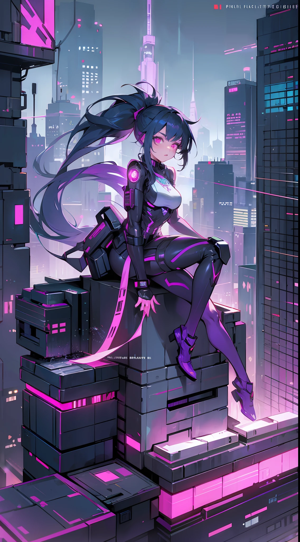 No telhado, (tema ciberpunk) Menina deslumbrante, armadura roxa cibernética, rabo de cavalo, cauda mecânica, olhos brilhantes, incrível vista da cidade, circuitos brilhantes, Carro voador, noite, cenário envolvente