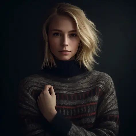 Portrait of a model woman with blond hair in a warm designer sweater, in the style of branded clothing, With the sweater in full view, Panasonic GH5, happy expressions, low key image, sharp texture