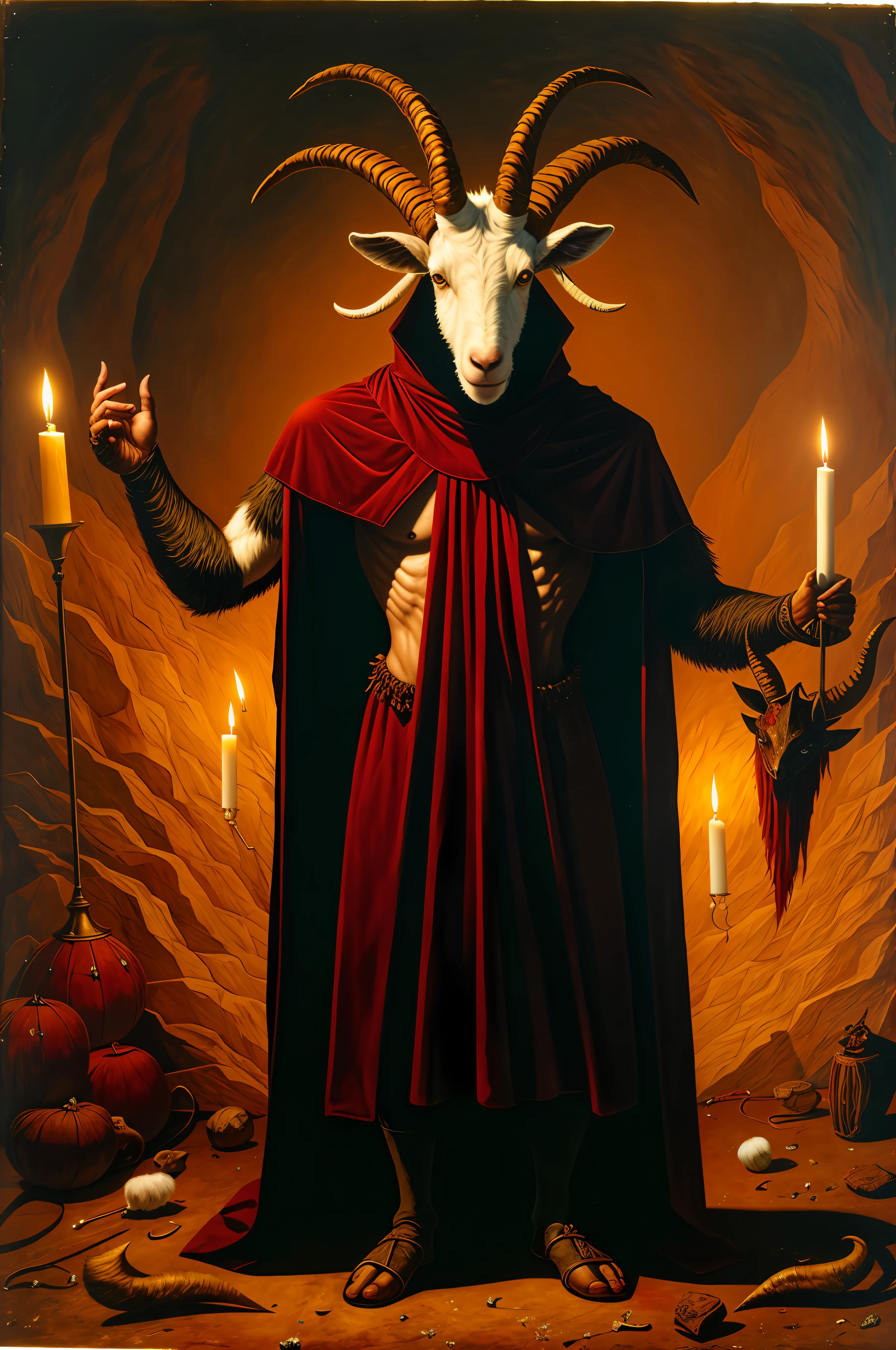 a goat-headed demon with large horns, strong upper body, skins, animal legs, demonic cloak, standing in a bloody and macabre ritual, medieval, dark room, dim light,
 masterpiece, realistic, oil painting