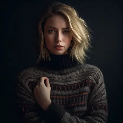 Portrait of a model woman with blond hair in a warm designer sweater, in the style of branded clothing, With the sweater in full view, Panasonic GH5, happy expressions, low key image, sharp texture - Image