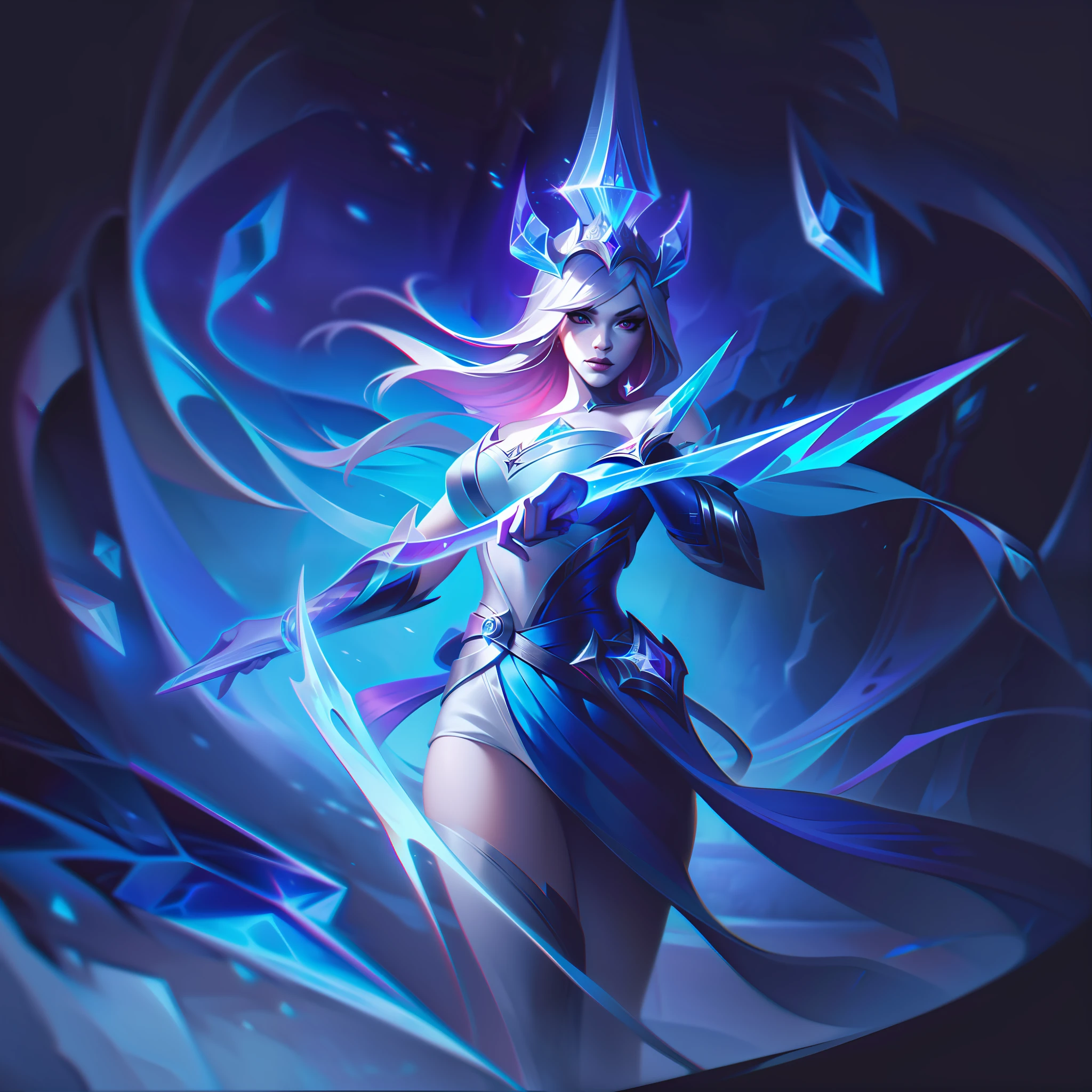 여성 + 검 + 결정질 피부 + 상의 + 최하부 + femme fatale splash미술, splash미술, League of Legends splash미술, 미술, 붓질, 걸작, 8K, 매우 상세한, HD