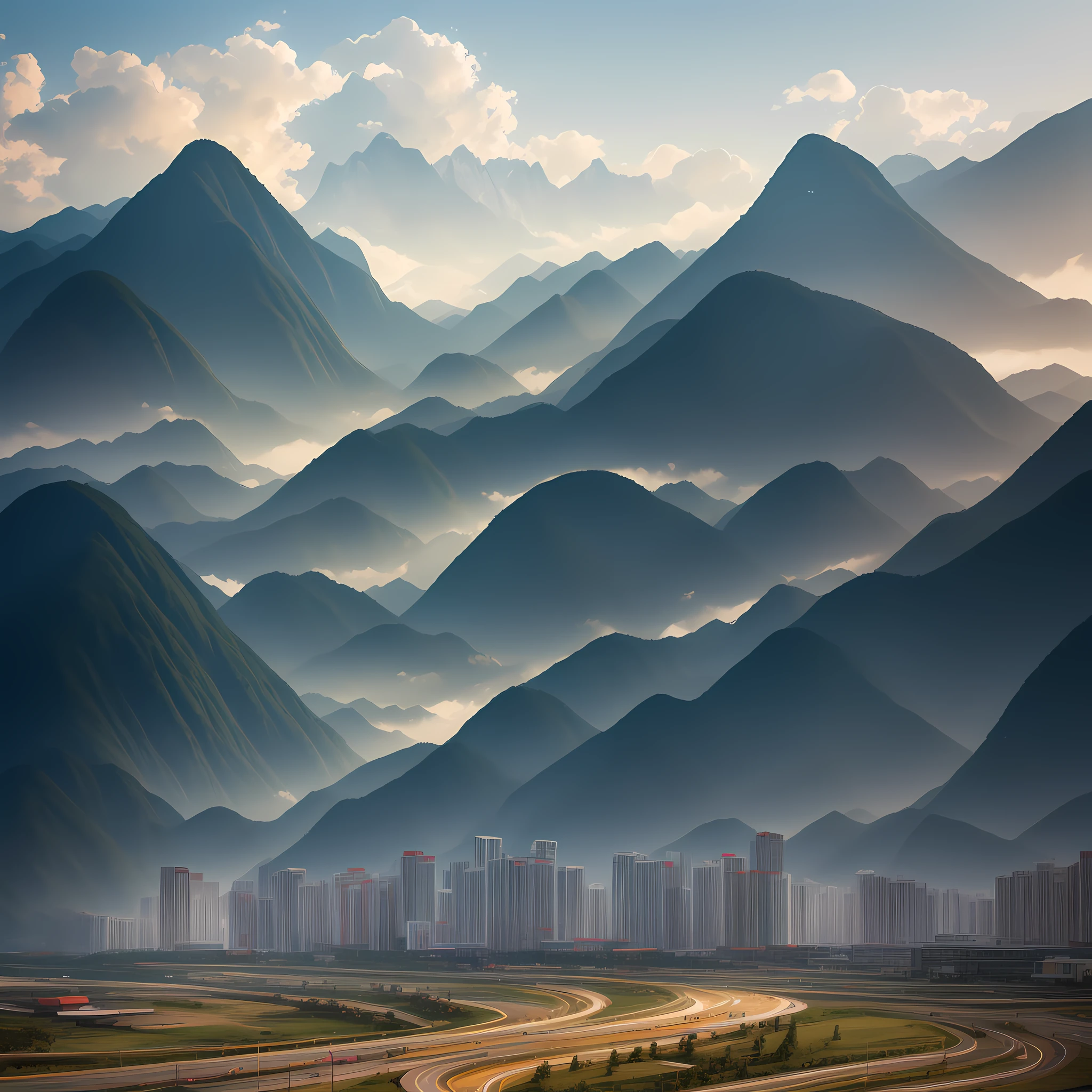 Chinese Modern Building with mountains in background, Epic, Cinematic. best quality, ultra high res, (photorealistic:1.4),, high resolution, detailed, raw photo, sharp re, by lee jeffries nikon d850 film stock photograph 4 kodak portra 400 camera f1.6 lens rich colours hyper realistic lifelike texture dramatic lighting unrealengine trending on artstation cinestill 800,