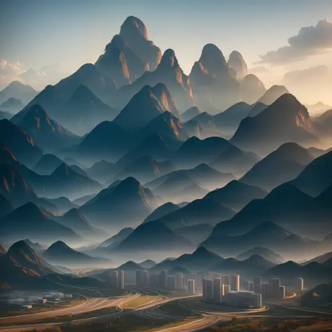 Chinese Modern Building with mountains in background, Epic, Cinematic. best quality, ultra high res, (photorealistic:1.4),, high...