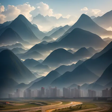 Chinese Modern Building with mountains in background, Epic, Cinematic. best quality, ultra high res, (photorealistic:1.4),, high...