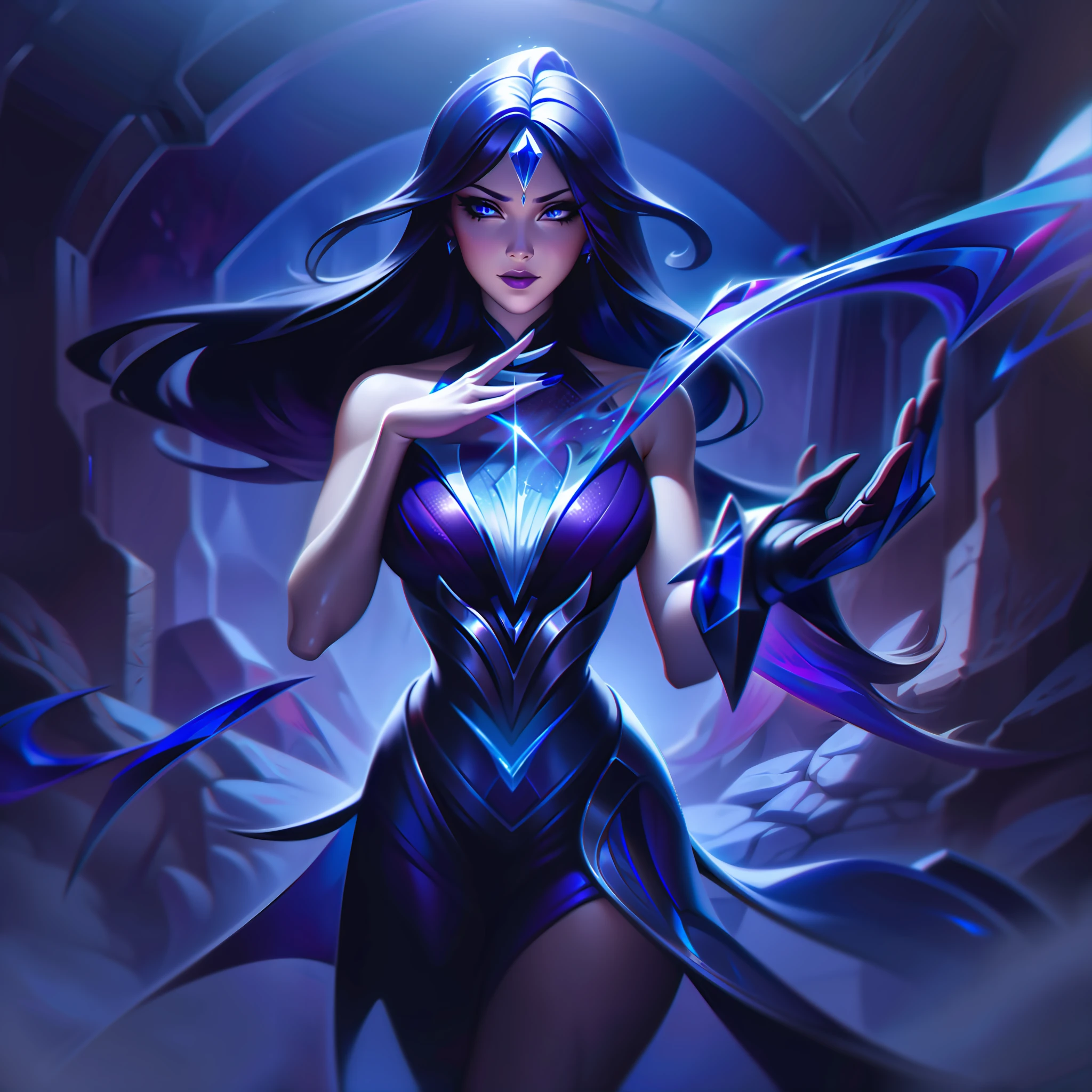 mulher + safira + femme fatale arte iniciale, arte iniciale, League of Legends arte iniciale, arte, pincelada, obra de arte, 8K, ultra detalhado, alta definição