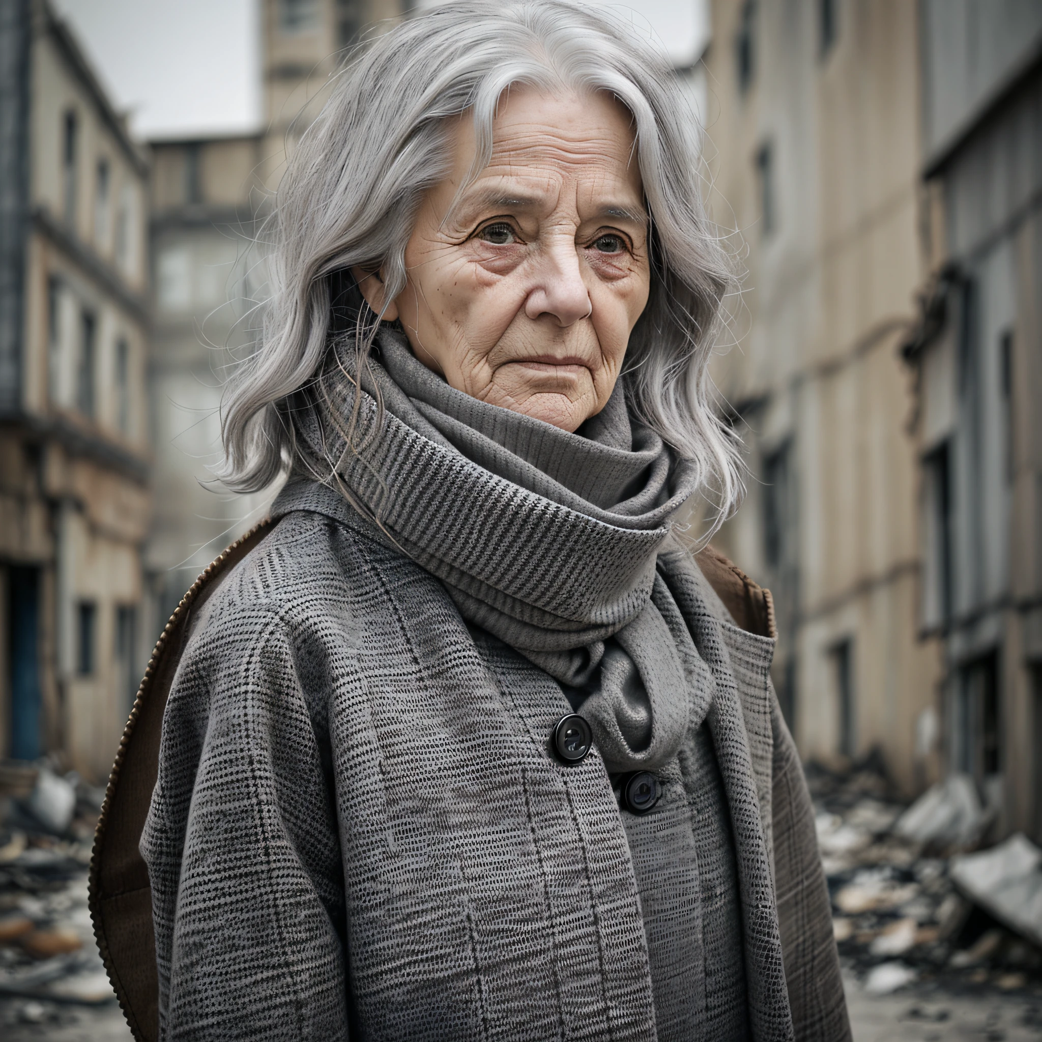 Realistic photo, elderly woman, grandmother, blind, whitish eyes, burn scar in the eyes, wavy straight gray hair, fair skin, black pants, brown shirt, gray coat, scarf on the neck, post apocalyptic scenery, desolate environment. --auto --s2