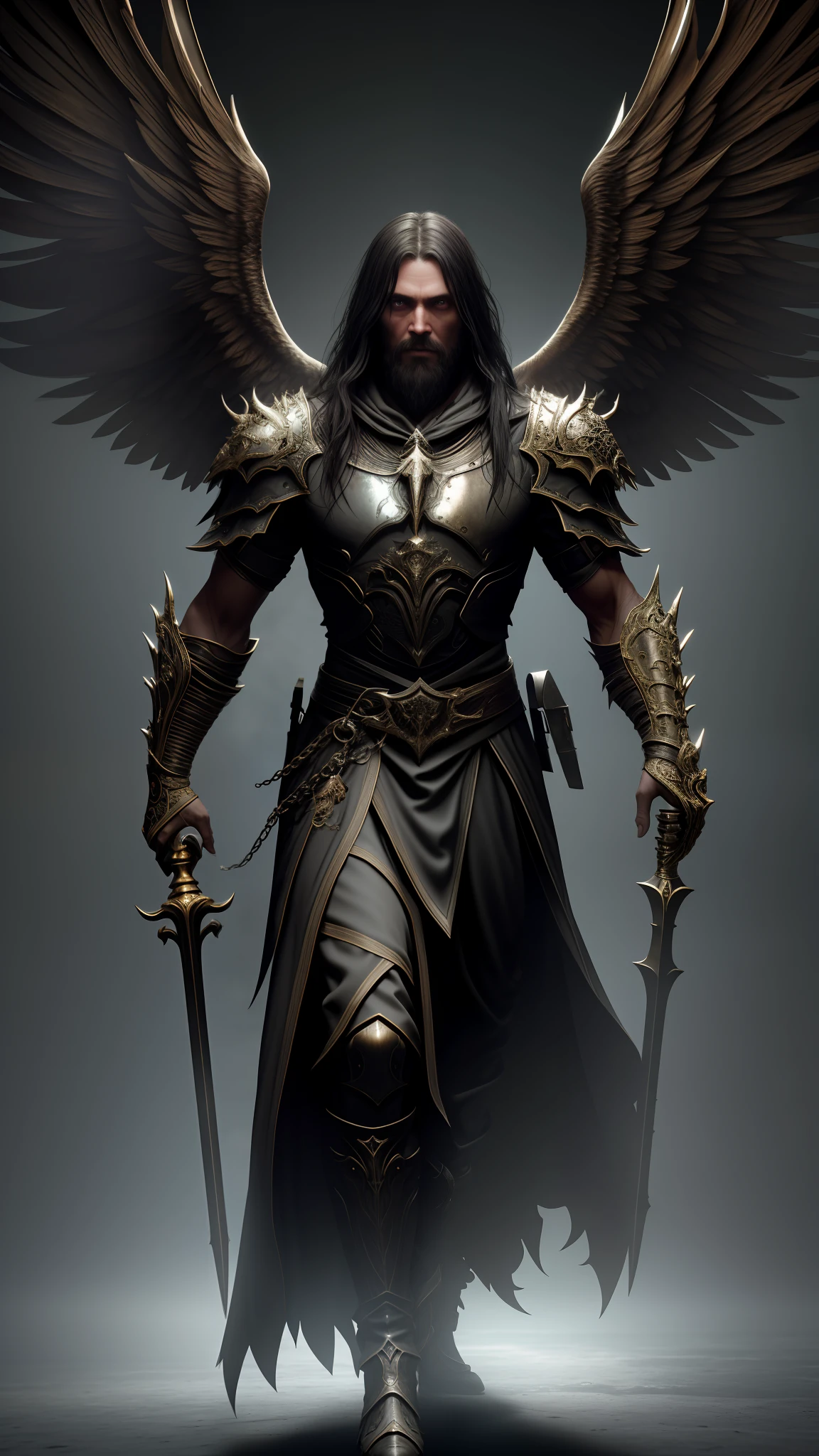 dark, (ashenhard style: 1.1),, a male angel, with beams of light enveloping his body, his feathered wings are open, a golden halo over his head, muscular, beard and black hair, masterpiece, best quality, intricate detail, absurd, high detail color RAW Photo, highly detailed, rough lighting, cinematic lighting, detailed eyes, distinct pupils, contrast, textured skin, pores of cold skin,   hard light, gigapixel, visible feet, flawless face, 8k resolution, beautiful&lt, cinematic, elegant, hyperrealistic, octane render, unreal, high definition, 8k resolution, highly detailed, 8k uhd, professional lighting, photon mapping, radiosity, physics-based rendering, perfect face, detailed face and body, award-winning photography, detailed face, backlight, ultrarealistic, ray tracing, intense look, cinematic lighting