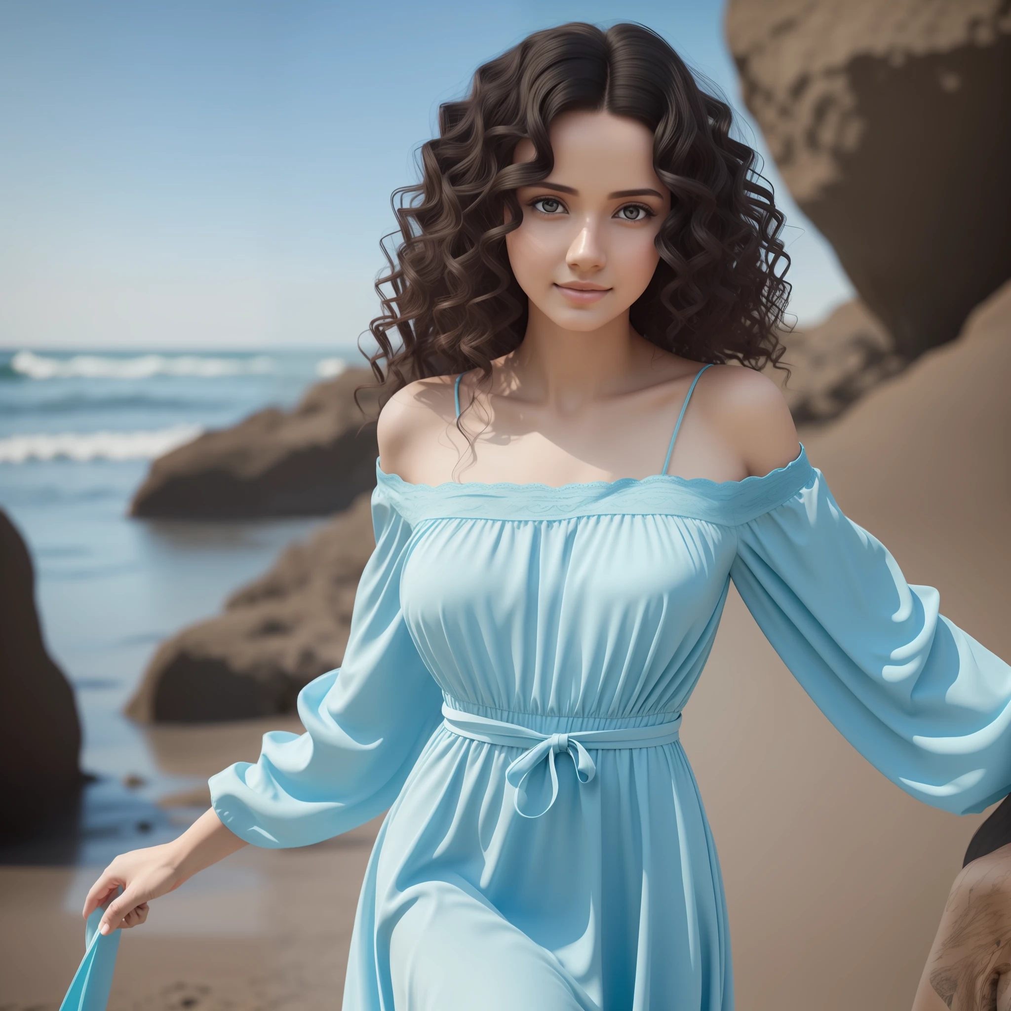 create an image of a thin woman, with curly black hair, with fair skin, wearing a long sleeved baby blue dress, 4k, realistic, detalist