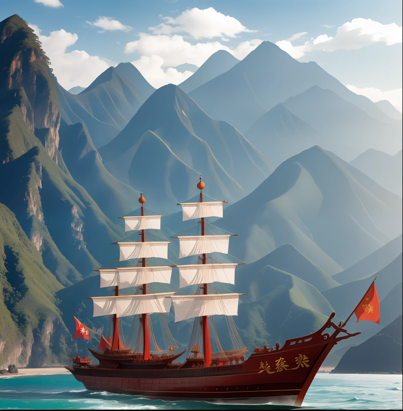 Корабль с сокровищами Чжэн Хэ, Династия Мин Баочуань, Корабль с сокровищами Чжан Чжэнхэ династии Мин, на фоне гор.