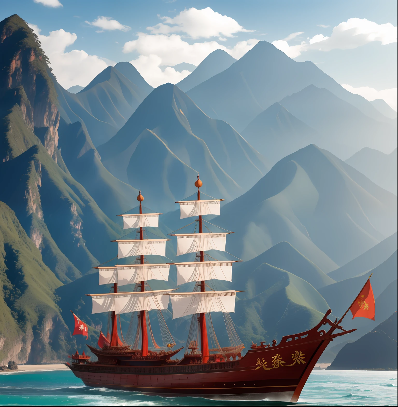 El barco del tesoro de Zheng He, Dinastía Ming Baochuan, El barco del tesoro de Zhang Zhenghe El barco del tesoro de la dinastía Ming, con montañas al fondo.