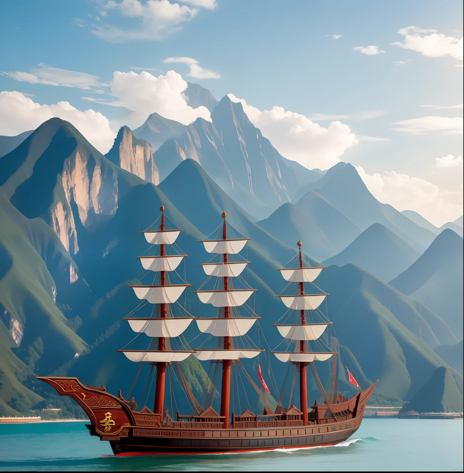 Zheng He의 보물선, 명나라 바오촨, Zhang Zhenghe의 보물선 명나라 보물선, 산을 배경으로.