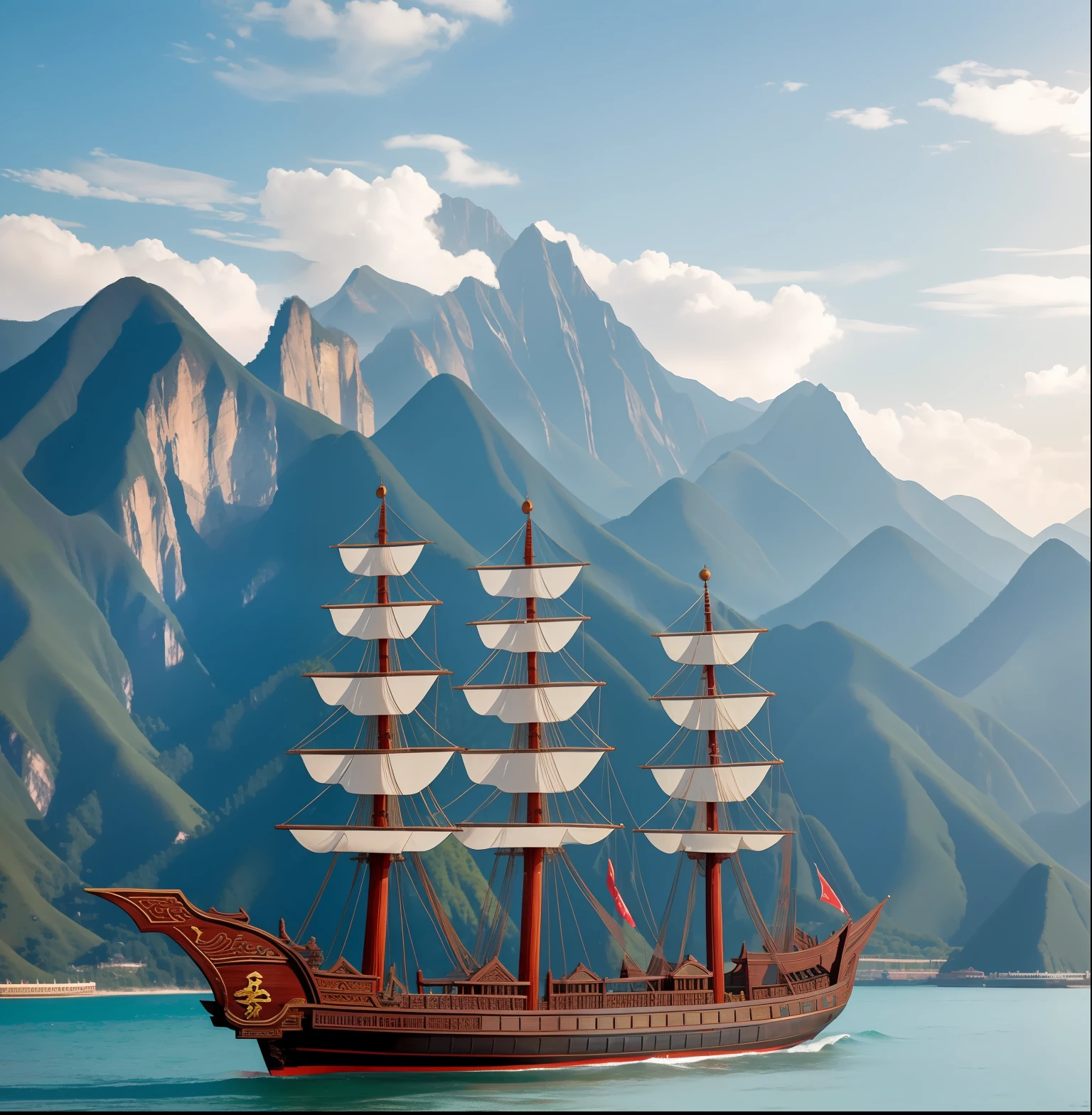 El barco del tesoro de Zheng He, Dinastía Ming Baochuan, El barco del tesoro de Zhang Zhenghe El barco del tesoro de la dinastía Ming, con montañas al fondo.