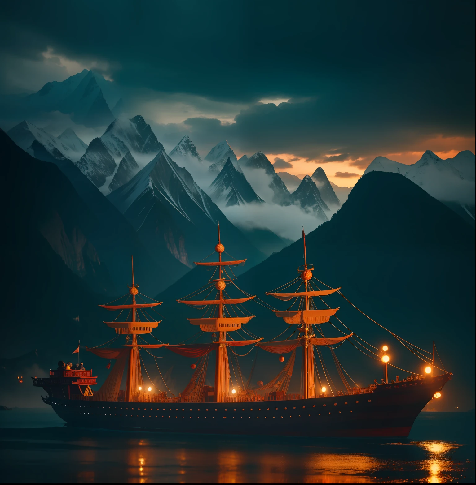 Zheng He's Treasure Ship, Ming Dynasty Baochuan, Zhang Zhenghe&#39;s Treasure Ship Ming Dynasty Treasure Ship, With mountains in background. high resolution, detailed, raw photo, sharp re, by lee jeffries nikon d850 film stock photograph 4 kodak portra 400 camera f1.6 lens rich colours hyper realistic lifelike texture dramatic lighting unrealengine trending on artstation cinestill 800,