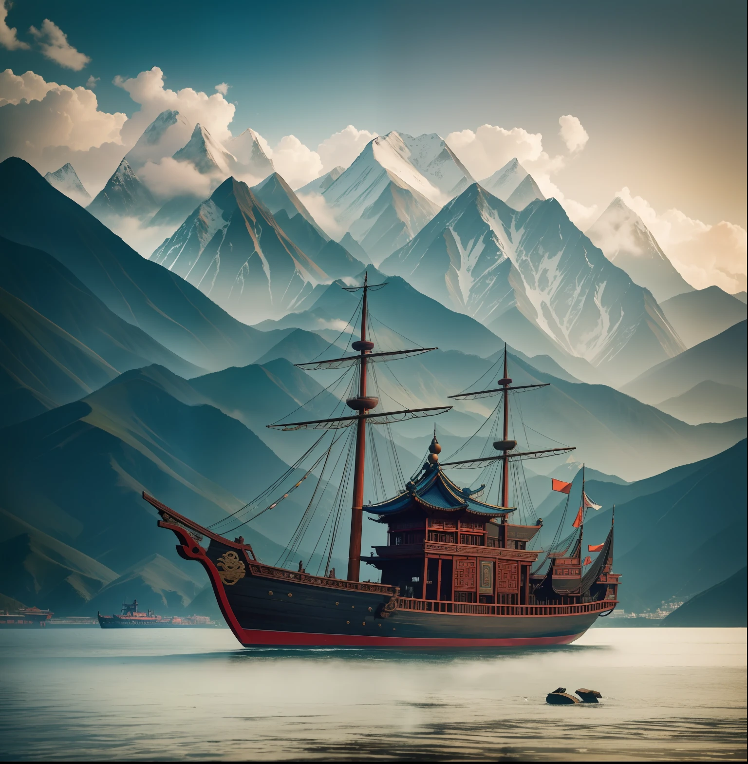 Zheng He's Treasure Ship, Ming Dynasty Baochuan, Zhang Zhenghe&#39;s Treasure Ship Ming Dynasty Treasure Ship, With mountains in background. high resolution, detailed, raw photo, sharp re, by lee jeffries nikon d850 film stock photograph 4 kodak portra 400 camera f1.6 lens rich colours hyper realistic lifelike texture dramatic lighting unrealengine trending on artstation cinestill 800,