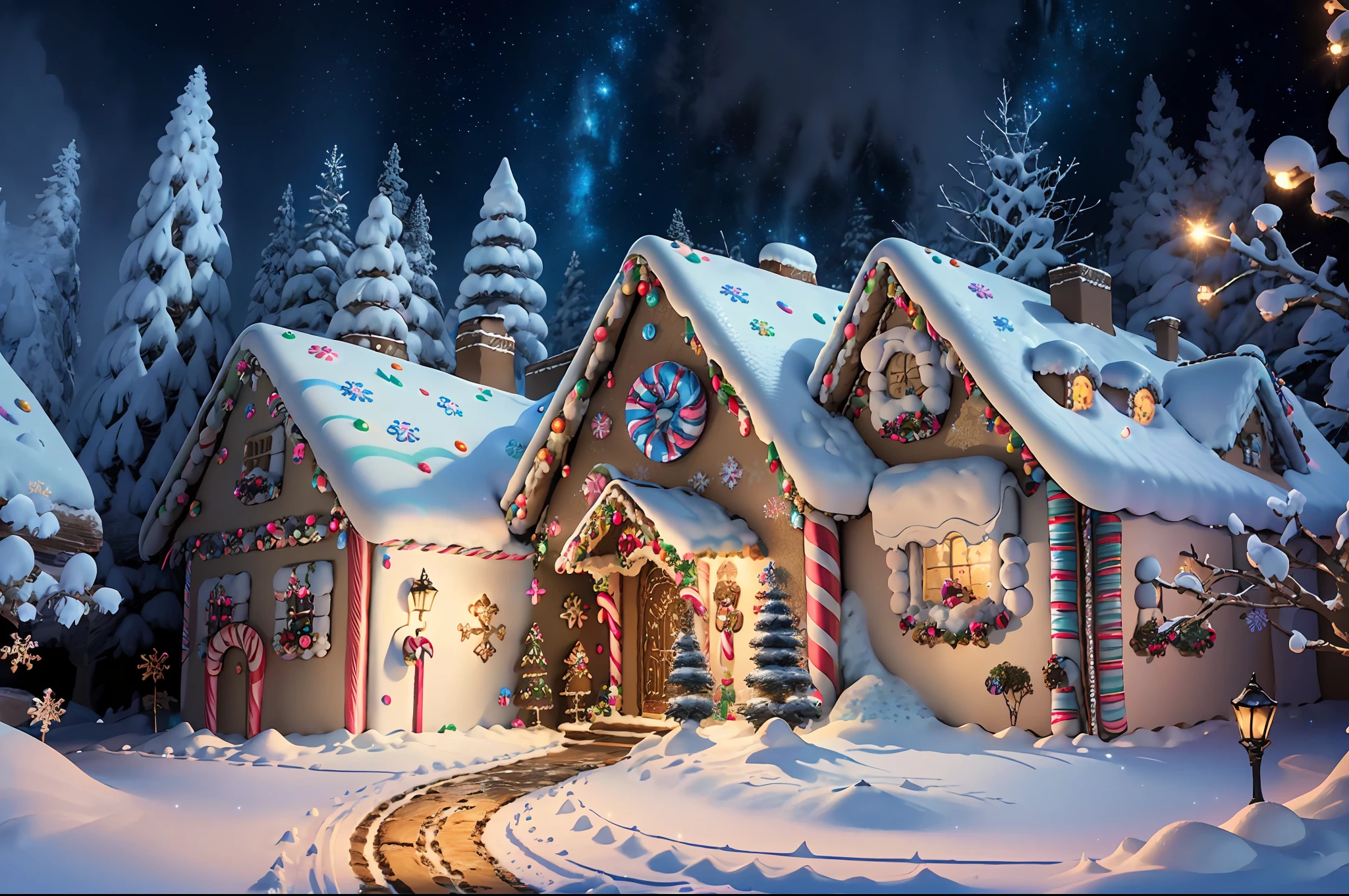 4k,highres, highest quallity, illustration, ultra detailed, cinematic lighting, best quality, hyper detailed, masterpiece, (fantasy realm:1.2), (gingerbread house:1.3), snow-covered landscape, magical, dream-like, pastel colors, sparkly, cozy and warm, giant candy canes, glittering snowflakes, whimsical details.