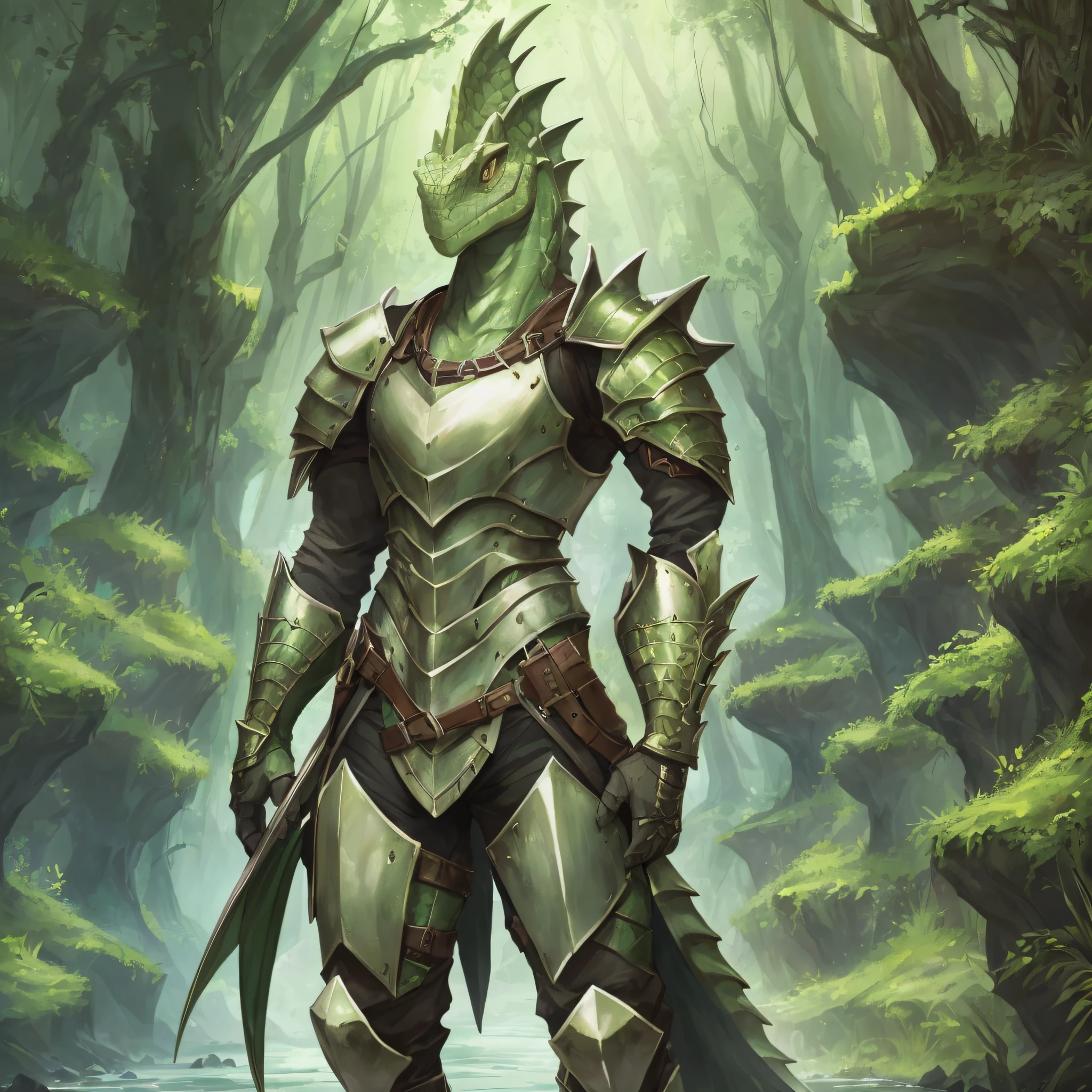 (single anthropomorphic dnd lizardfolk bard, no-nipples, nippleless, no duplicate, no duplicate eyes, no duplicate head, he has one large scaly fin starting from his head and extending down slightly onto his neck and torso, The crest should stand out, no ears, earless, no wings, wingless, no horn, hornless, upright posture, male, reptilian long tail, charismatic, he is wearing a fullplate armor) (#E4FFD1 skin: 0.3, scaly skin: 0.1), (human face: 0.3, lizard face: 0.1)), facing the camera, over_grown, fantasy, fantastic, 8K resolution, unreal engine, realistic anthropomorphism --auto --s2