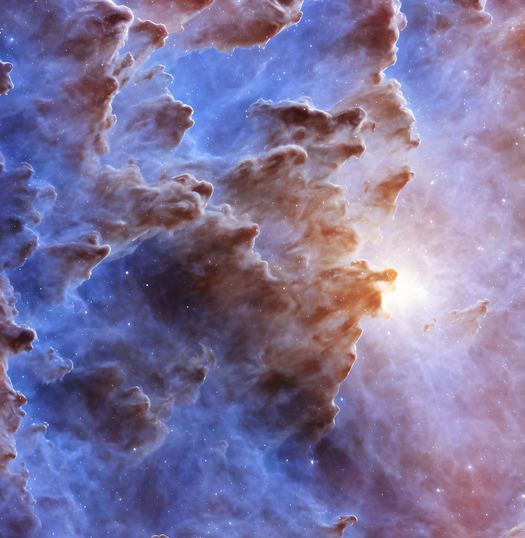 JWST Nebula clouds, darkness in the space, magnificent artwork, blue and purple colour tones, cinematic, 4K, hyperrealism, closeup detail, huge curves, creative, antialiasing