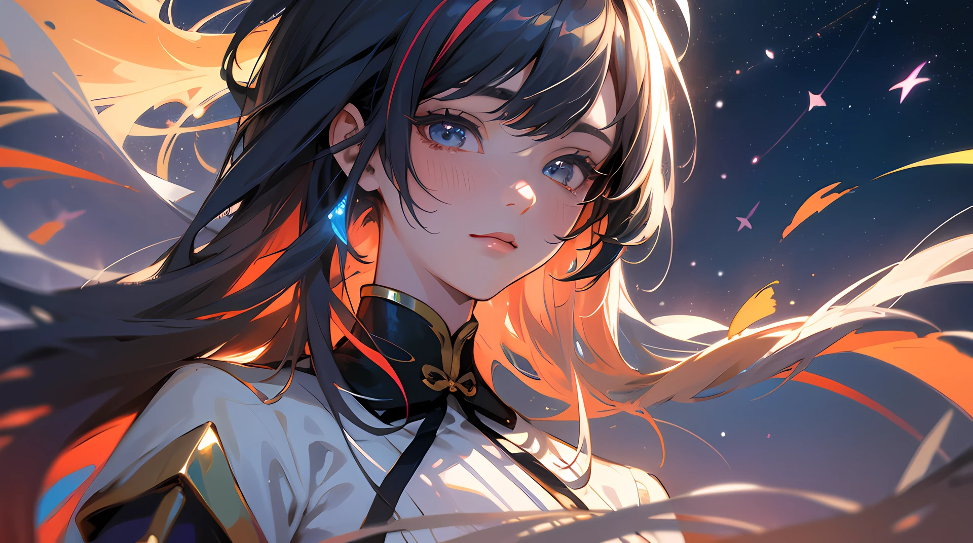 anime frame, fighting,powers, magic,princess,knight,Fire,FIGHTING,highly detailed,masterpiece,illustration,black ribbon,beautiful detailed glow,hairs between eyes,bowties,best quality,extremely detailed CG unity 8k wallpaper,beautiful detailed white gloves,side blunt bangs,{{{streaked hair}}},blood on face,blush,WAR,(masterpiece, best quality, ultra-detailed, fantasy, illustration:1.3), elaborate features, beyond reality,  (multicolored hair,  sidelighting, lustrous skin:1.2), {{best quality}}, {{masterpiece}}, {{ultra-detailed}}, {illustration}, {detailed light}, {an extremely delicate and beautiful}, messy floating hair, colored inner hair, Starry sky adorns hair, depth of field,((two-tone hair)),black ribbon,beautiful detailed glow,Correct posture,china,wearing hanfu,xianxia,china style,