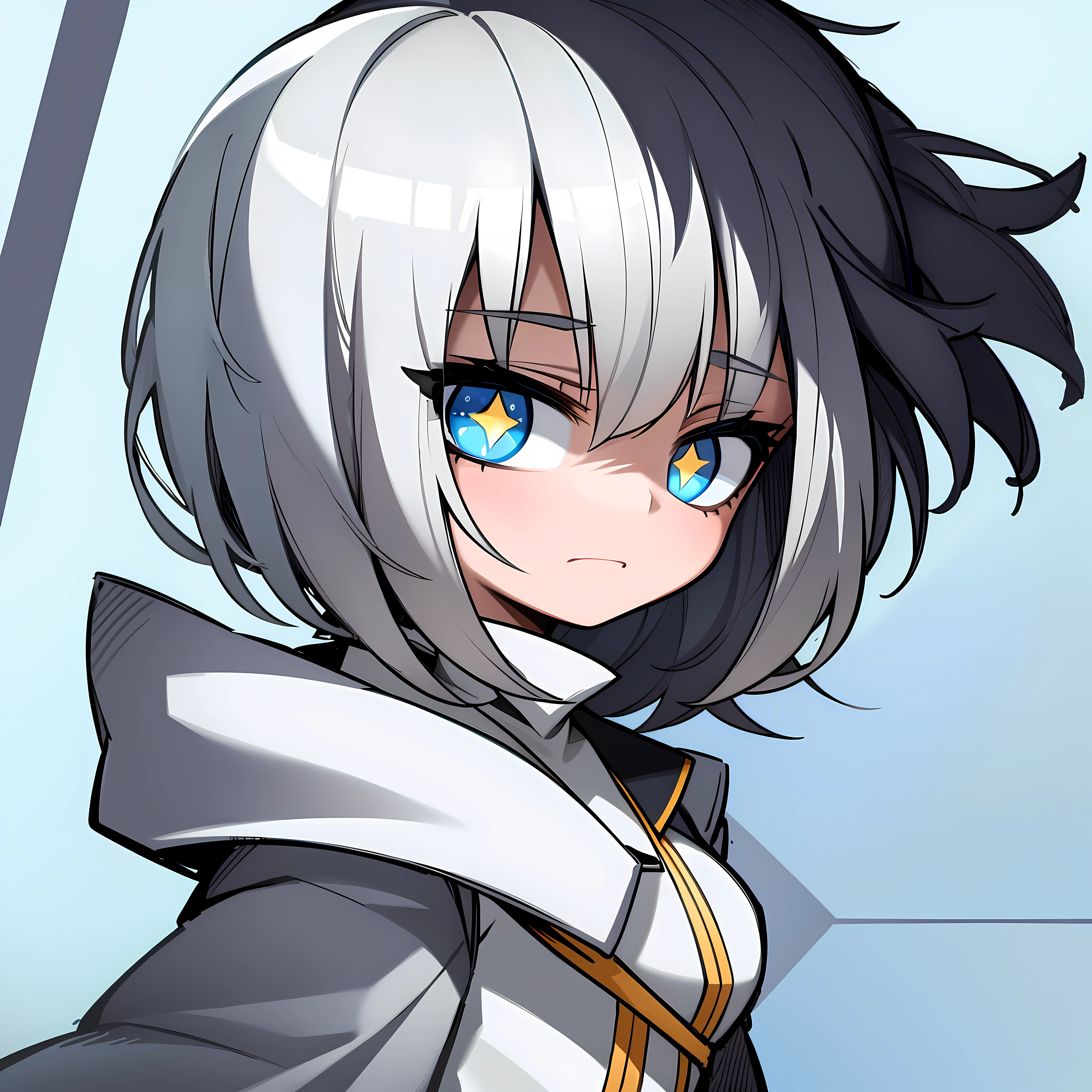 (((masterpiece, illustration, portrait of a girl, beautiful colors, thick outlines, strong outlines, highres, best quality))), 1girl, solo, close up shot, looking at viewer, angry, tsundere, blue short hair, short hair, short wavy hair, bob cut, dark blue hair, gradient hair, white hair down, beautiful eyes, detailed eyes, grey eyes, blind, blind girl, star-shaped pupils, +_+, symbol-shaped pupils, sparkling eyes