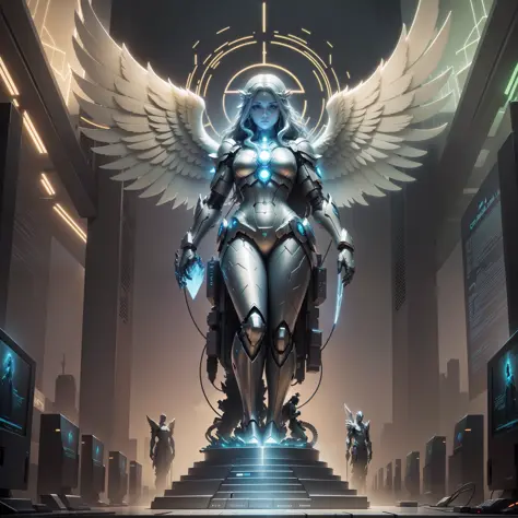 concept art guardian angel statue made entirely of computers, monitors, keyboards, and technology, saving grace, glowing, good aura, epic, holy