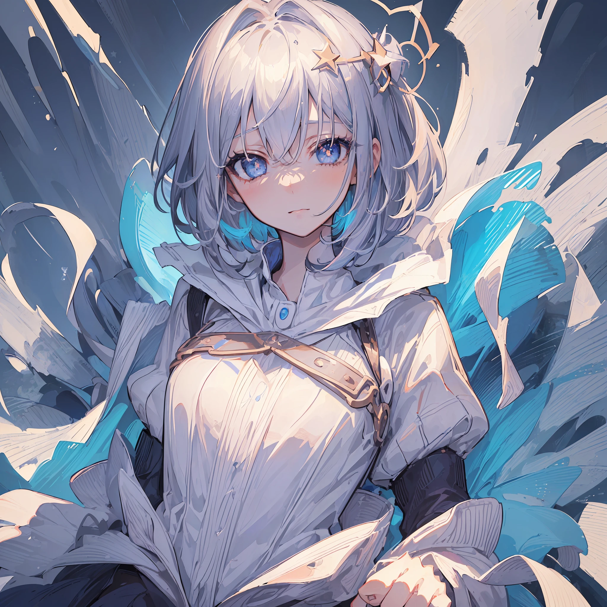 ((((masterpiece, illustration, portrait of a girl, beautiful colors, highres, best quality))), 1girl, alone, close-up, looking at the viewer, angry, tsundere, short blue hair, short hair, short wavy hair, bob cut, dark blue hair, gradient hair, down white hair, beautiful eyes, detailed eyes, gray eyes, blind, blind girl, star-shaped pupils, +_+, symbol-shaped pupils,  bright eyes, perfect anatomy, correct anatomy, correct head proportions,