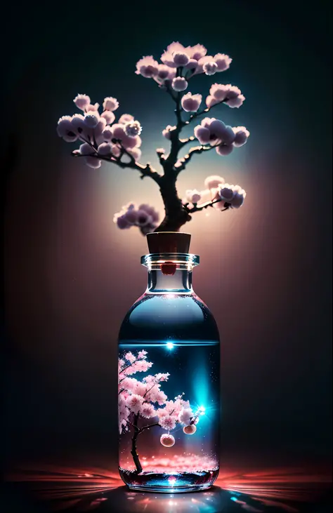Cherry tree in a bottle, fluffy, realistic, atmospheric light refraction, photographed by lee jeffries, nikon d850 film Stock Photo 4 Kodak portra 400 camera f1.6 lens, rich colors, ultra realistic realistic textures, dramatic lighting, unreal engine trend...