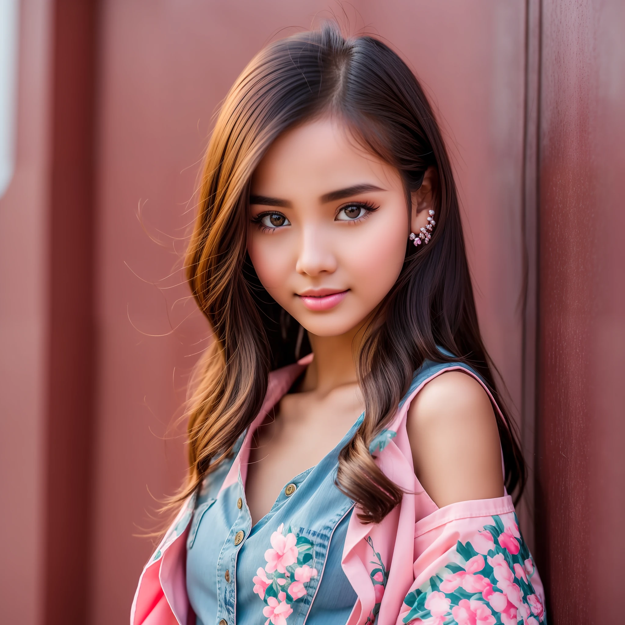 A close up of a woman wearing a pink jacket and blue dress - SeaArt AI