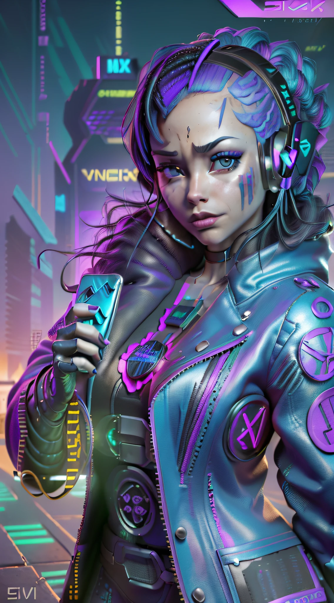 (Mobile: 1.3) ((Cyberpunk magazine cover)), ((Stylish big text, small text lines, lots of text, stickers, art big logo))), ((Original 8k photo, simulation style, SIGMA 85mm f1.4, Film Grave, Exquisite Photos, Masterpiece, Best Quality, Sci-Fi, Cyberpunk, Dirt, Gritty)), (Detailed Surreal Background, Ultra Clear Background, Sci-Fi Background, Cyberpunk Cityscape Background, Cyberpunk Street Background, Hyper Detail Background, Ultra Complex Detail), ((Film Lighting, Best Shadows, Edge Lighting, Two-tone Lighting, Fine Detail)) (Mobile: 1.3) ((Cyberpunk Magazine Cover)), (Cyberpunk Fashion Magazine Cover), ((Full body portrait of cyberpunk wom: 1.3)), Cyberpunk magazine cover ((((A woman, holding a phone to her ear, compact body, sci-fi, cyberpunk, open jacket))), a woman ((super high resolution face, high quality face, super detailed face, holding a phone to her ear, stylish hair, perfectly smooth skin, open jacket)), ((ideal figure, good anatomy, compact body, good body proportions, open jacket)), ((Original 8k photo, analog style, SIGMA 85mm f1.4, film grain, delicate photo, masterpiece, best quality, sci-fi, cyberpunk, dirt, gritty)), ((cinematic lighting, best shadows, edge lighting, two-tone lighting, diffuse skin glow, fine details)), cyberpunk magazine cover ((((a woman, holding a phone to her ear, compact body, sci-fi, cyberpunk, open jacket))), ((cyberpunk magazine cover)), (Cyberpunk Fashion Magazine Cover) Broken ((Cyberpunk Magazine Cover)), ((Stylish Big Text, Small Text Lines, Lots of Text, Stickers, Big Art Logo))), ((Original 8k Photo, Simulation Style, SIGMA 85mm f1.4, Film Grain, Delicate Photos, Masterpiece, Best Quality, Sci-Fi, Cyberpunk, Dirt, Gritty)), (Detailed Surreal Background, Ultra Clear Background, Sci-Fi Background, Cyberpunk Cityscape Background, Cyberpunk Street Background, Hyper Detail Background, Ultra Complex Detail), ((Film Lighting, Best Shadows, Edge Lighting, Two-tone Lighting, Fine Detail))