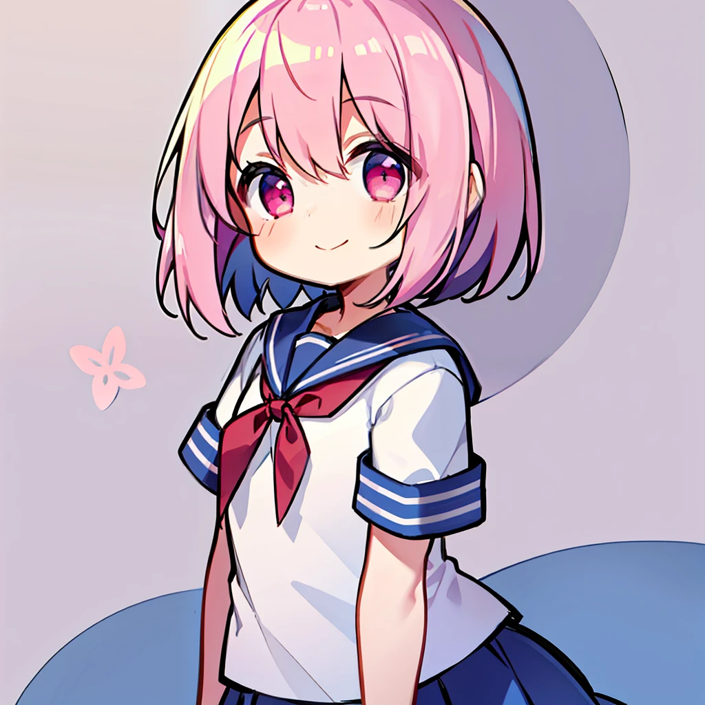 Top quality, one girl, cute, solo, chibi, upper body, standing, smiling, white background, pink bob cut hair, navy blue sailor suit, red ribbon, pink eyes