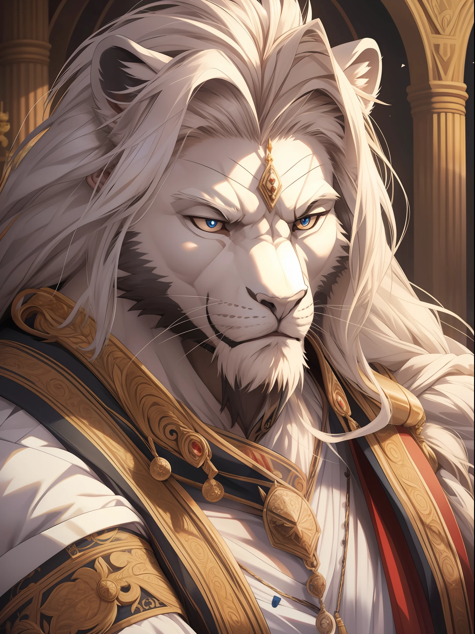 muscular furry as royal servant, furry, an anthro (white lion), an anthto, a old man muscular, facial hair, happy expression, extremely detailed muscle, detailed face, face, detailed eyes, eyes, detailed muscle, realistic rendering, CG realistic, 3d realistic, photography, background