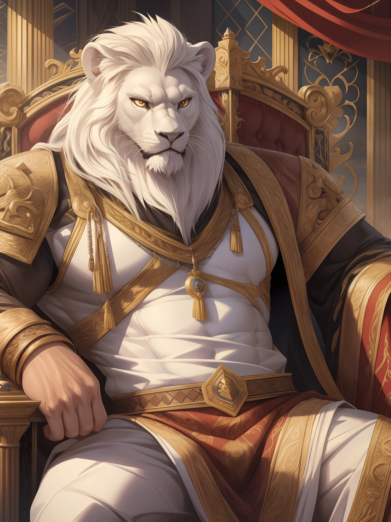 muscular furry as the king sits on the throne, expression serious, glare, furry, an anthro (white lion), an anthto, a old man muscular, facial hair, extremely detailed muscle, detailed face, face, detailed eyes, eyes, dinanic pose, detailed muscle, realistic rendering, CG realistic, 3d realistic, photography, background