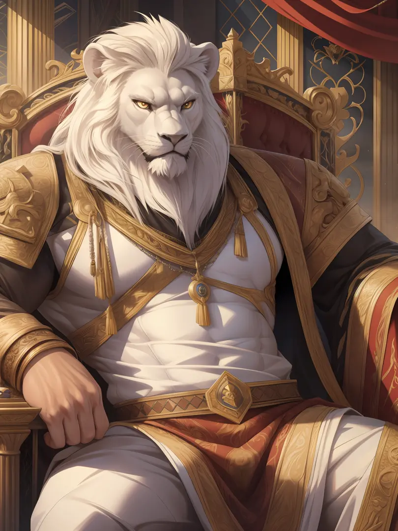 muscular furry as the king sits on the throne, expression serious, glare, furry, an anthro (white lion), an anthto, a old man mu...