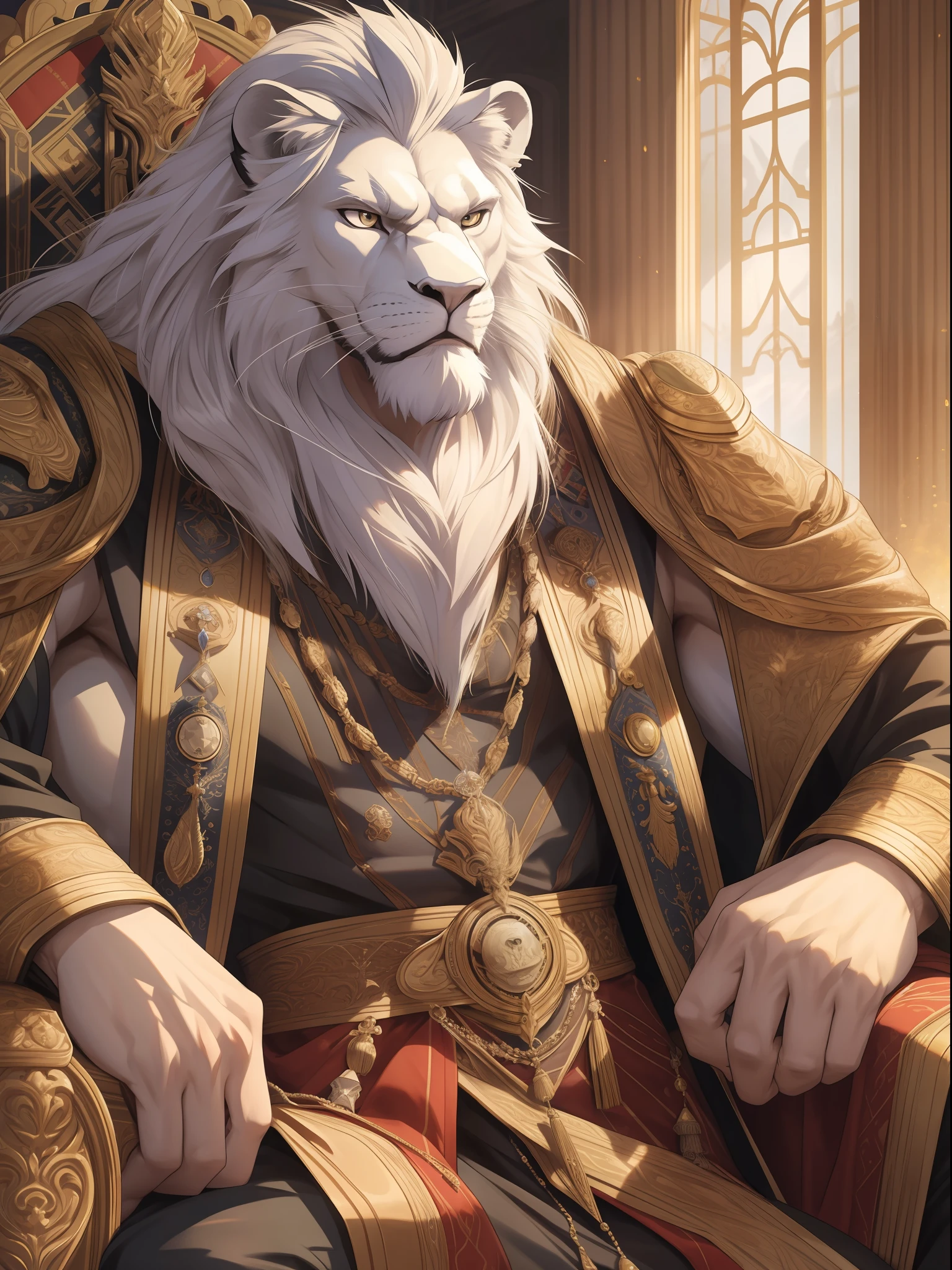 muscular furry as the king sits on the throne, expression serious, glare, furry, an anthro (white lion), an anthto, a old man muscular, facial hair, extremely detailed muscle, detailed face, face, detailed eyes, eyes, detailed muscle, realistic rendering, CG realistic, 3d realistic, photography, background
