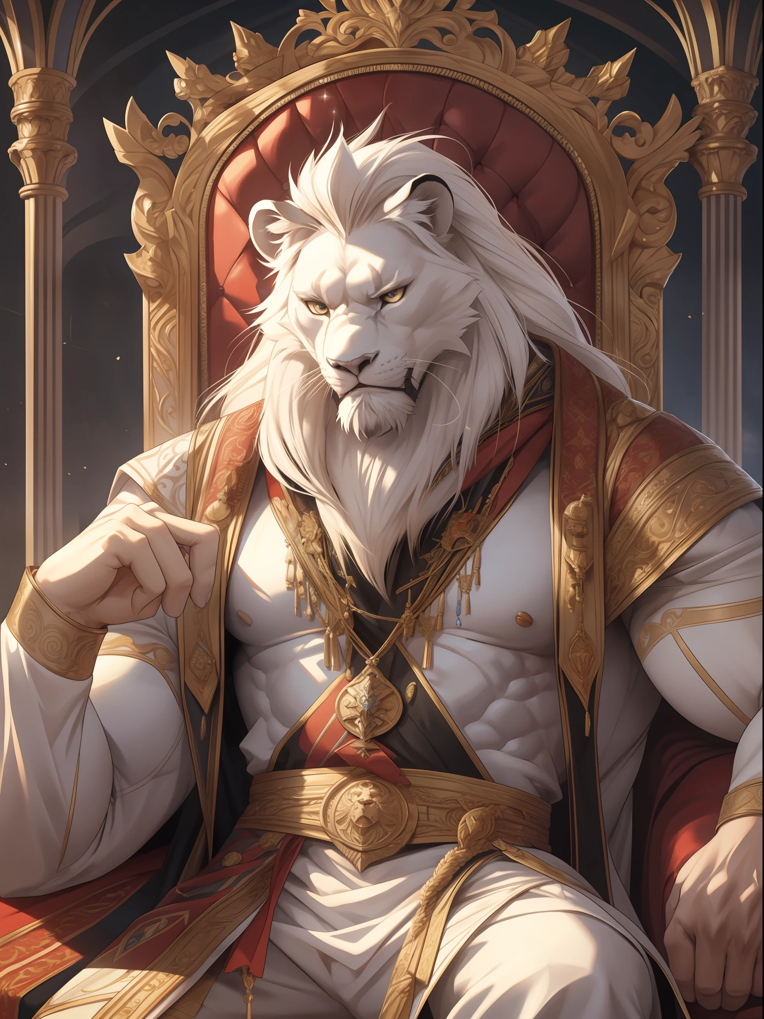 muscular furry as the king sits on the throne, expression serious, glare, furry, an anthro (white lion), an anthto, a old man muscular, facial hair, extremely detailed muscle, detailed face, face, detailed eyes, eyes, detailed muscle, realistic rendering, CG realistic, 3d realistic, photography, background