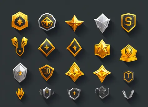 A set of flat badges in different colors, game icon assets, gold and silver shapes, game icon stylization, brave style, gold and silver elements, stylized layered shapes, military badges, game icons, Overwatch designs, game assets, medallions, holographic ...