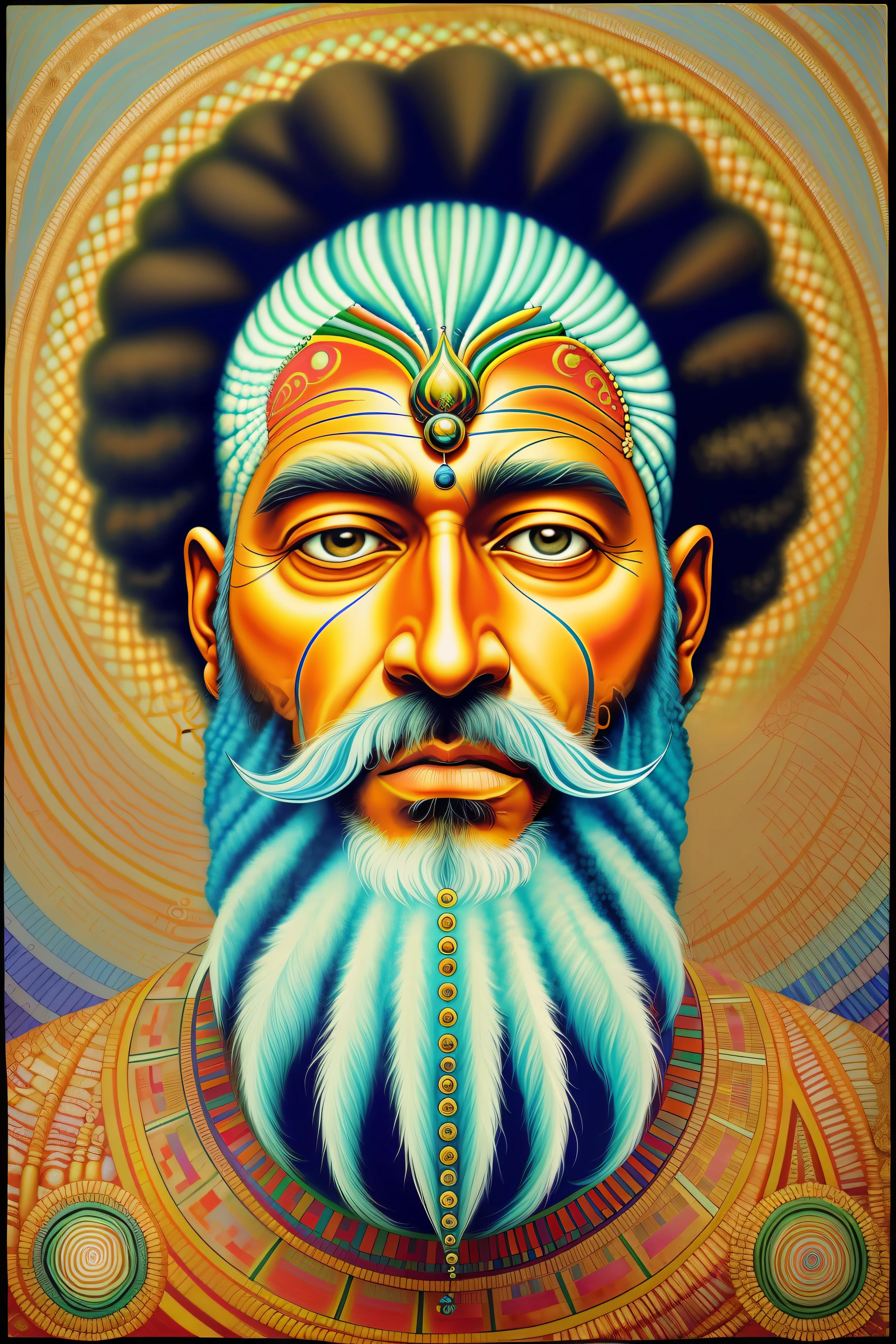 painting of a man with a beard and a white beard, by Mati Klarwein, kemetic, inspired by Mati Klarwein, inspired by Ras Akyem, afrocentric mysticism, ayahuasca shaman, dmt god, the ayahuasca spirit, psychedelic organic shaman, visionary art, raggae art, mati klarwein and moebius