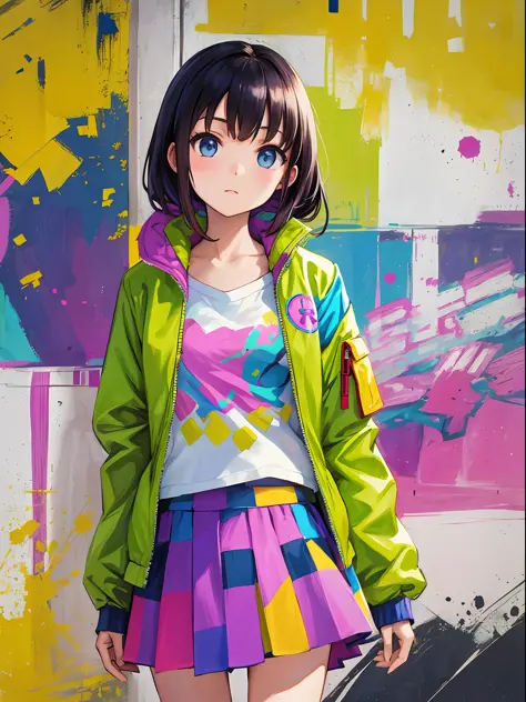 creative colorful flat background, girl, casual clothes, jacket, skirt,