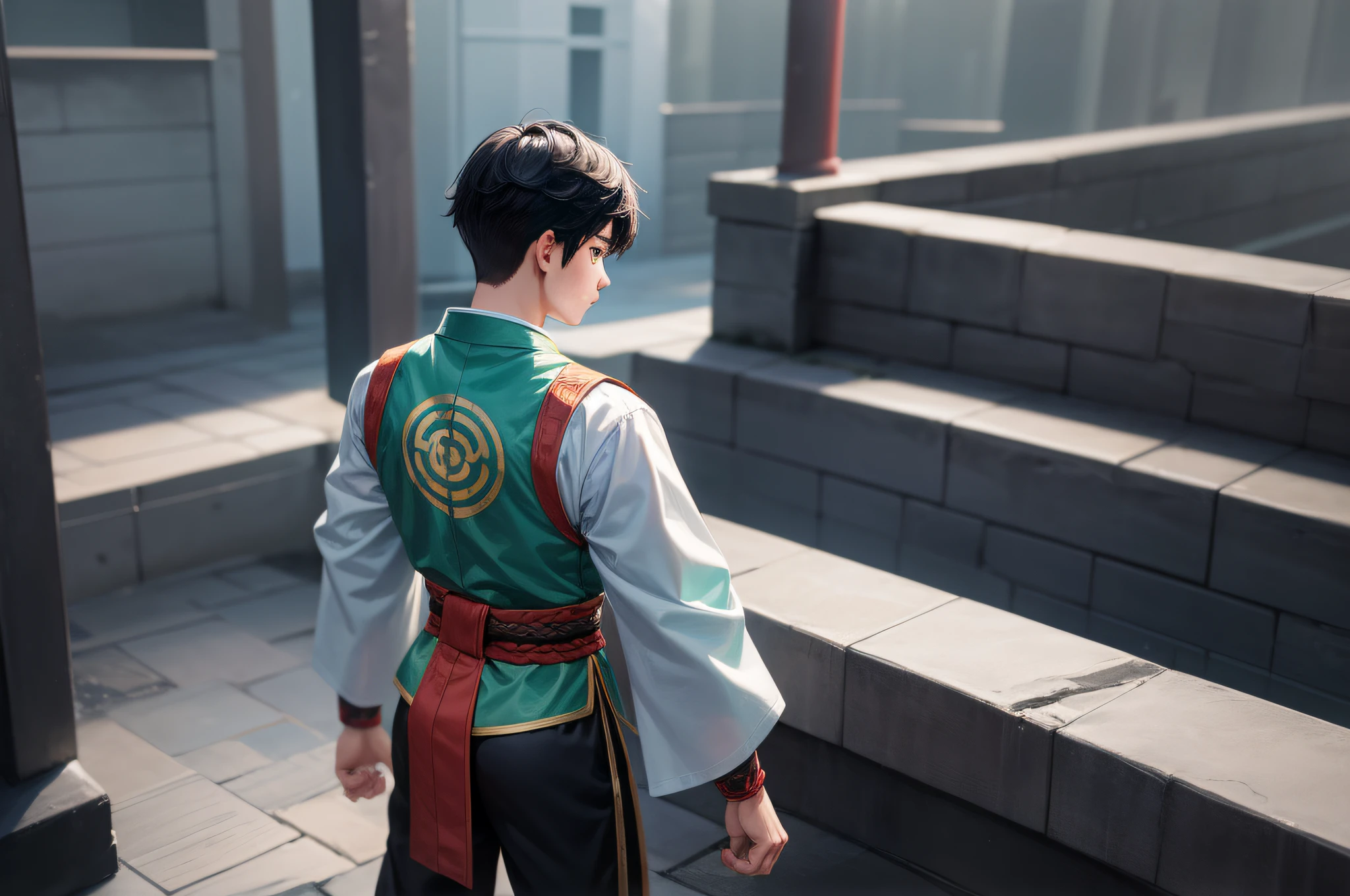 Boy, back, medium and long distance photo, 18 years old boy, walk forward, walk towards the competition platform, dynamic map, outdoor, cyan clothes, ancient costume, martial arts training uniform, black hair, super short hair, 4K, HD, a lot of details, ancient martial arts style, Chinese martial arts.