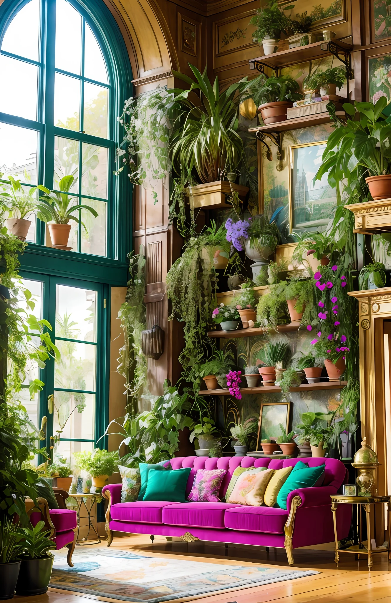 Architectural Digest photo of a maximalist green {vaporwave/steampunk/solarpunk} living room with lots of flowers and plants, golden light, hyperrealistic surrealism, award winning masterpiece with incredible details, epic stunning