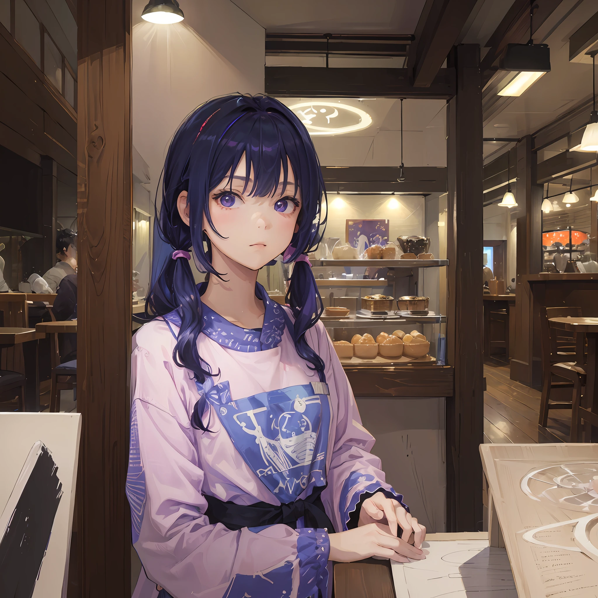 (masterpiece, best quality:1.4), 1girl, looking at viewer, (short pigtails hair:0.8), dark purple hair, blue streaks on hair, (on front), trendy cafe in harajuku, {upper body}, {dawn}, {indoors}, surrounded by vibrant details, COOL CLOTHES