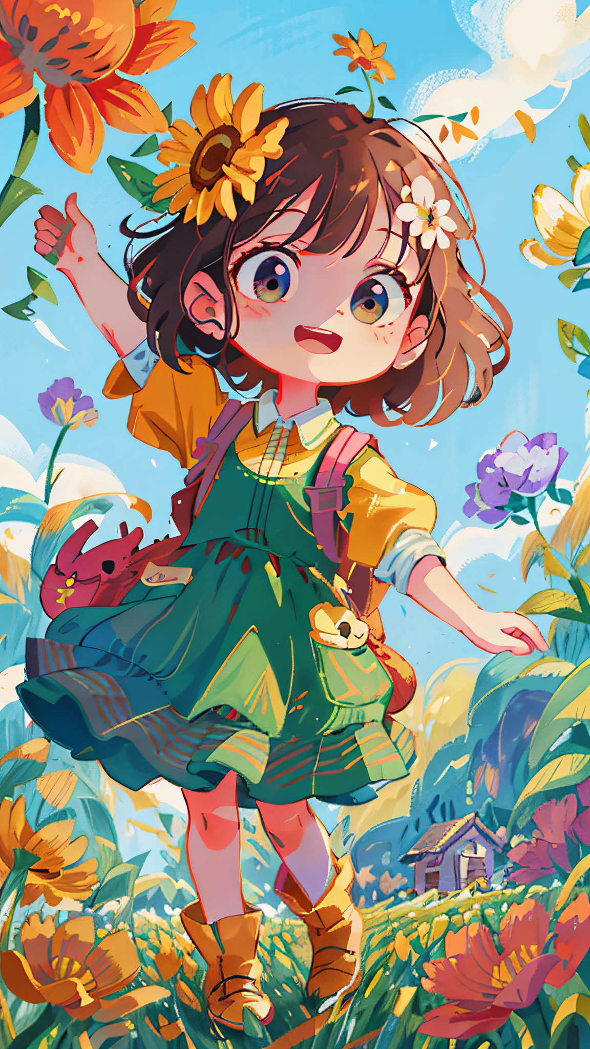 cartoon girl in a field of flowers with a backpack, childrens art in artstation, cute detailed digital art, cute art style, cute detailed artwork, adorable digital painting, girl in flowers, cute digital art, girl dancing in a flower field, full body portrait of a short!, girl in a flower field, a beautiful artwork illustration, girl jumping in a flower field