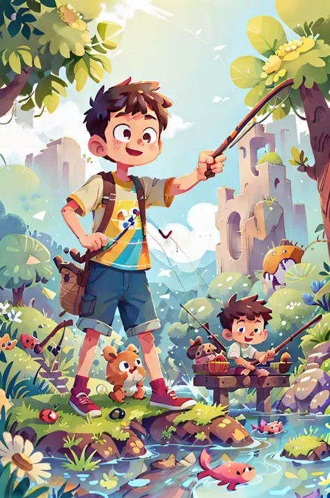 Poster design, (sfw), 2 fishing boys game, spring outing, happy, background is fishing, perfect quality, clear focus, colorful, perfect face, complex details, super low viewing angle, wide angle lens, large panorama