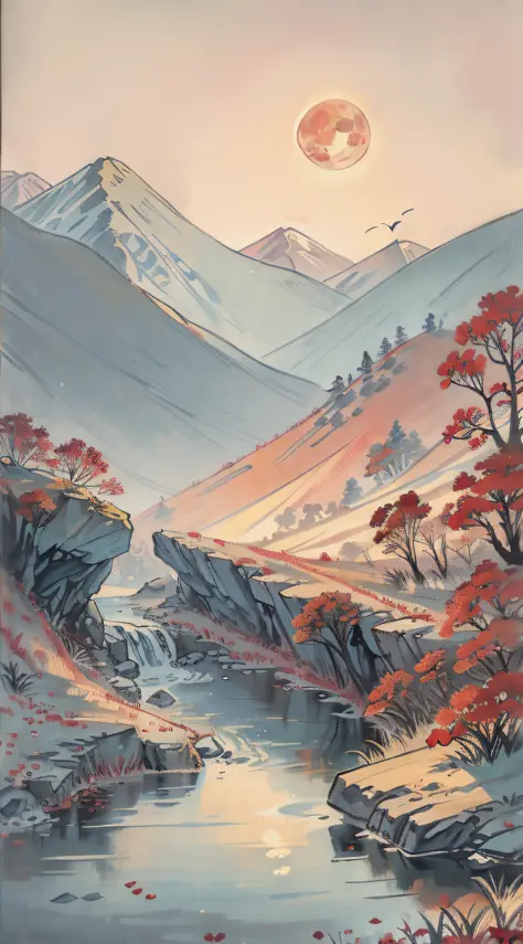 A painting of flowers and birds, the painting is a lot of flowers blooming on the ground, mountains and rivers, woods, hills, a red full moon in the sky, (do not appear figures)