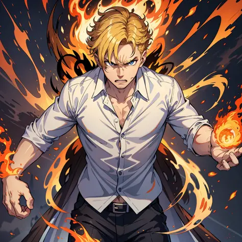 1 Man, Handsome, White Shirt, Angry, Brunette Hair, Blonde Pupils, Eyes Bursting with Fire, Surrounded by Flames, Full Body: 1.2...