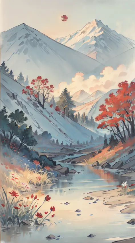 A painting of flowers and birds, the painting is a lot of flowers blooming on the ground, mountains and rivers, woods, hills, a ...
