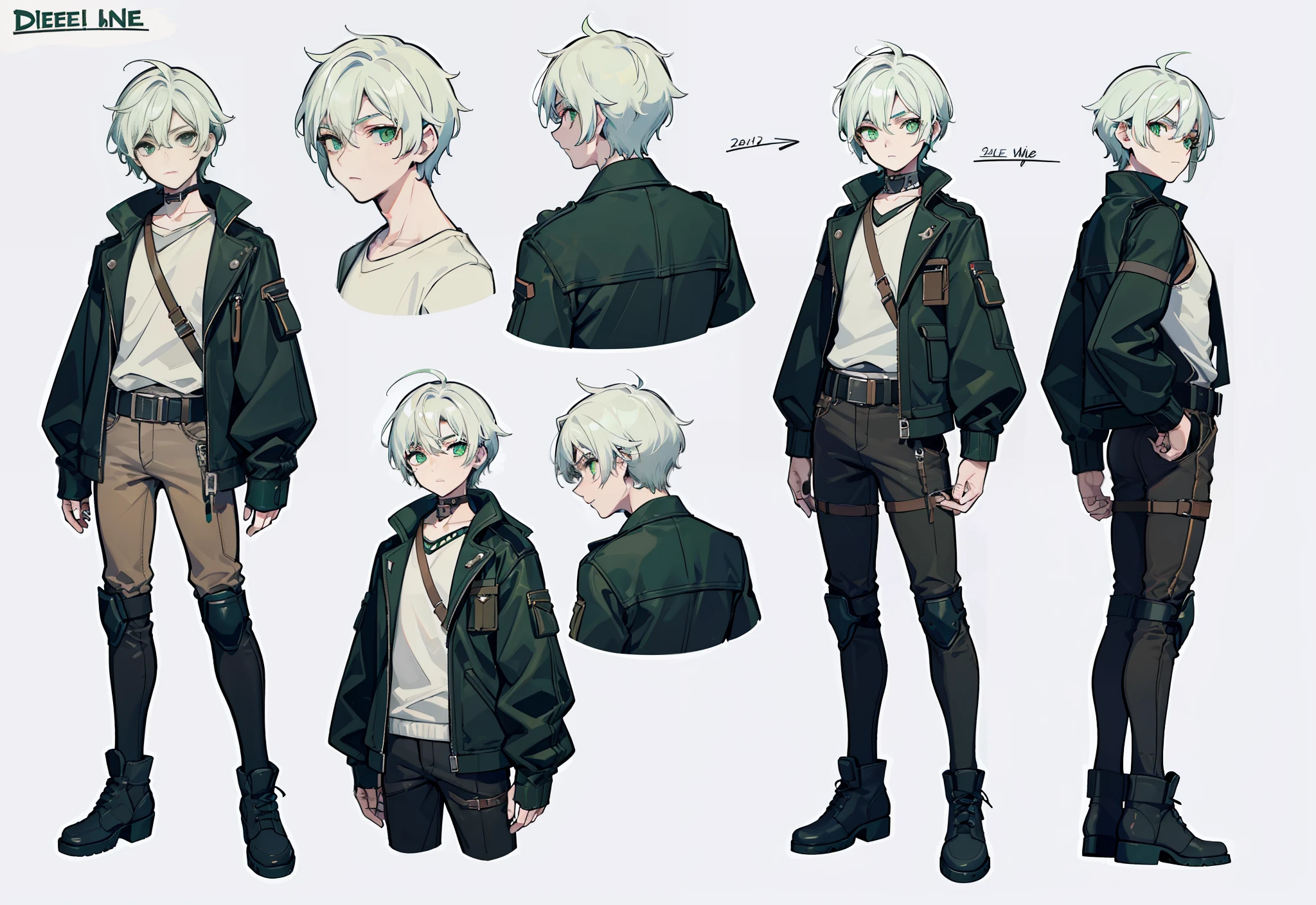 1boy, Italian boy, reference sheet, character design, front angle, side angle, rear angle, dynamic poses, (masterpiece:1.2), (best quality:1.3), matte outfit, post apocalyptic, old dusty, diesel punk aesthetic, old 40s jumper outfit, diesel punk getup. athletic body. (green eyes), (short hair), (long bangs), (white hair), (pale skin),