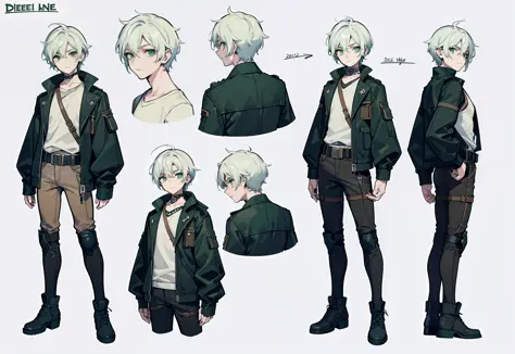 1boy, Italian boy, reference sheet, character design, front angle, side angle, rear angle, dynamic poses, (masterpiece:1.2), (best quality:1.3), matte outfit, post apocalyptic, old dusty, diesel punk aesthetic, old 40s jumper outfit, diesel punk getup. ath...