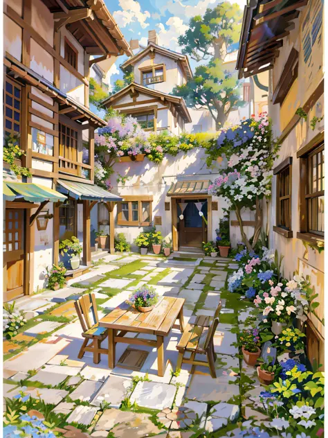 painting of a courtyard with a table and chairs and a bench, anime background art, relaxing concept art, anime scenery concept a...